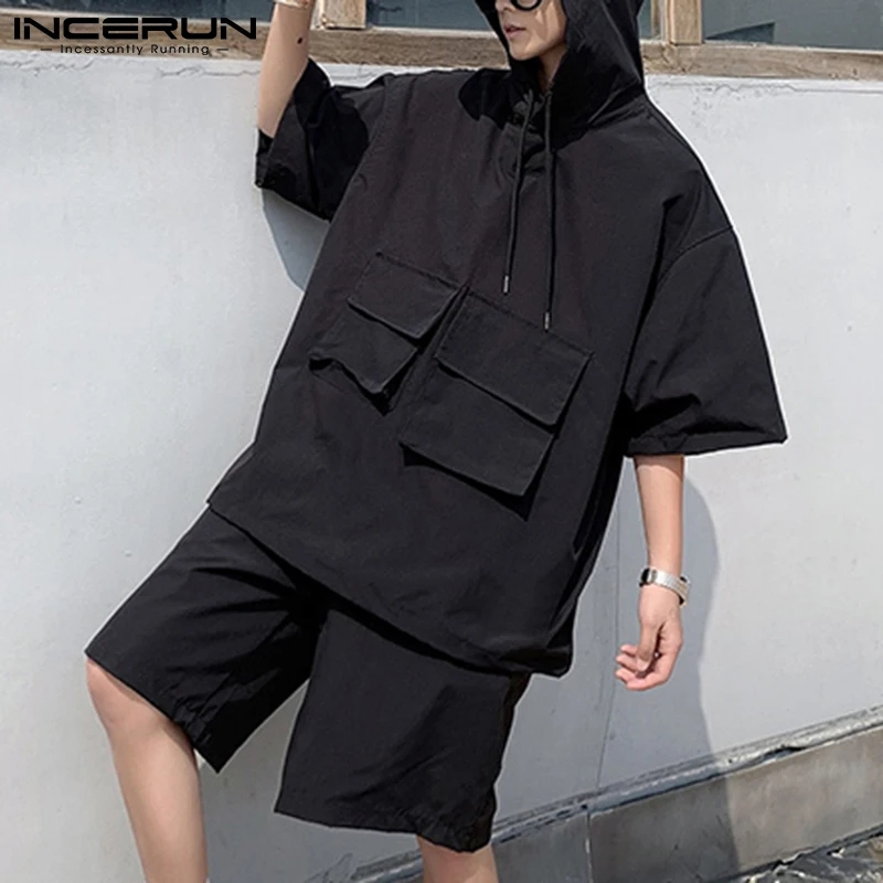 

Костюм-карго INCERUN мужской с капюшоном, повседневная однотонная толстовка с короткими рукавами, много карманов, шорты, уличная одежда, 2021