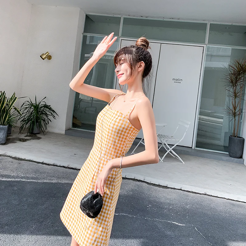 EAD Summer New Retro Sexy Plaid Sling Dress Female Temperament Elegant Slim Vacation Beach Mini Fashion Wild Plus Size | Женская одежда