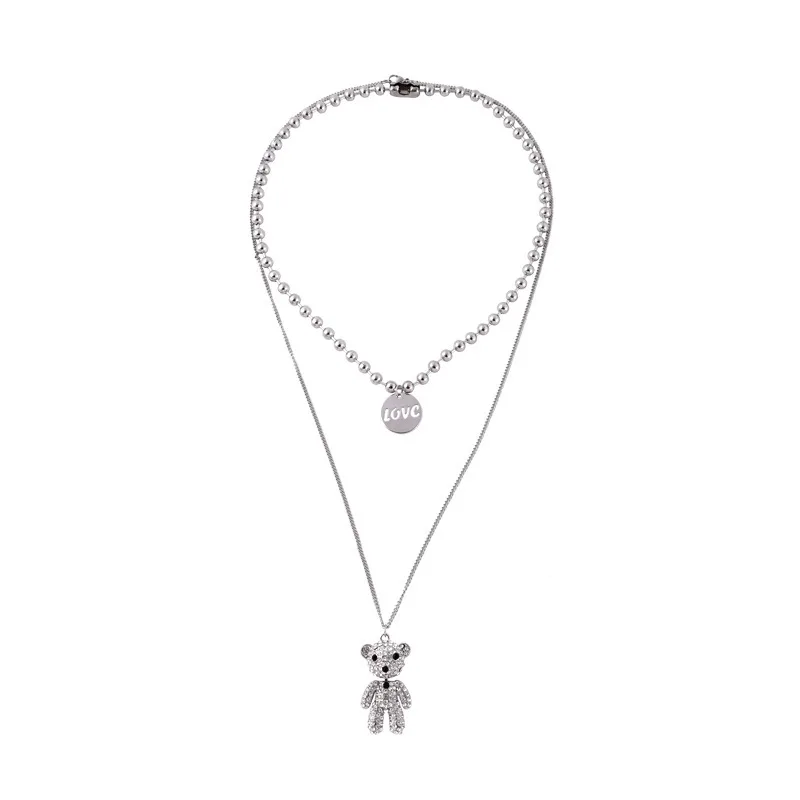 

Luxury Full Rhinestone Bear Pendant Necklace for Women Femme Titanium Steel Beaded Chain Letter Coin Necklaces Accessories