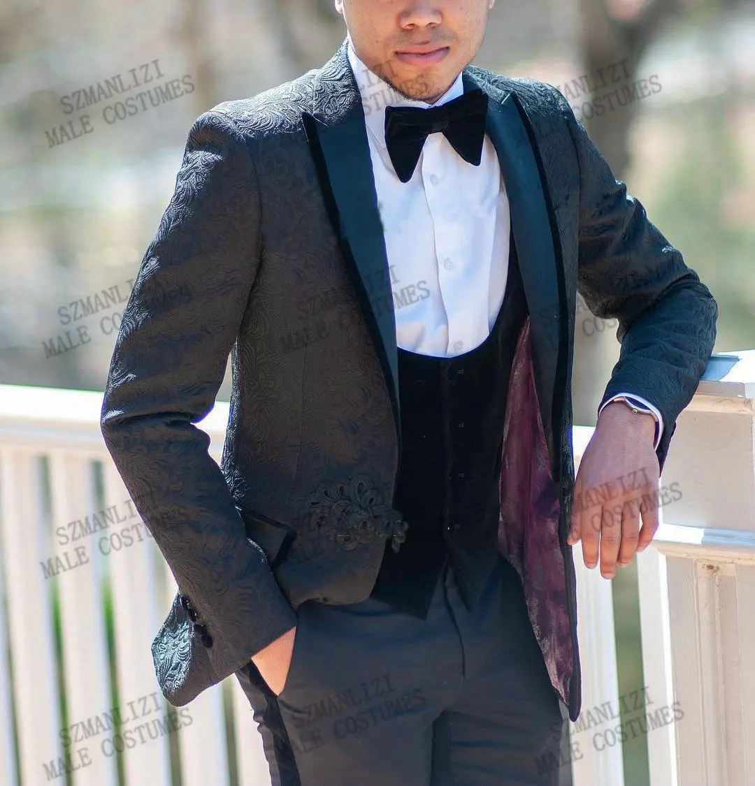 2021 New Design Black Floral Men Suits For Wedding 3 Pieces(Jacket+Pants+Vest) Custom Made Prom Groom Party Wear Men Suit Tuxedo