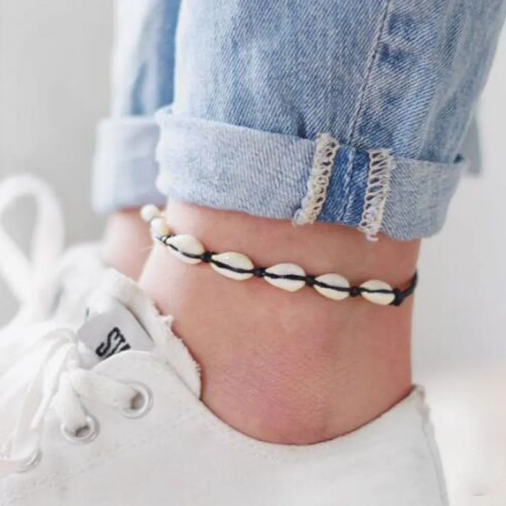 Пляжный тканый маленький черный браслет из сплава с веревкой на щиколотке