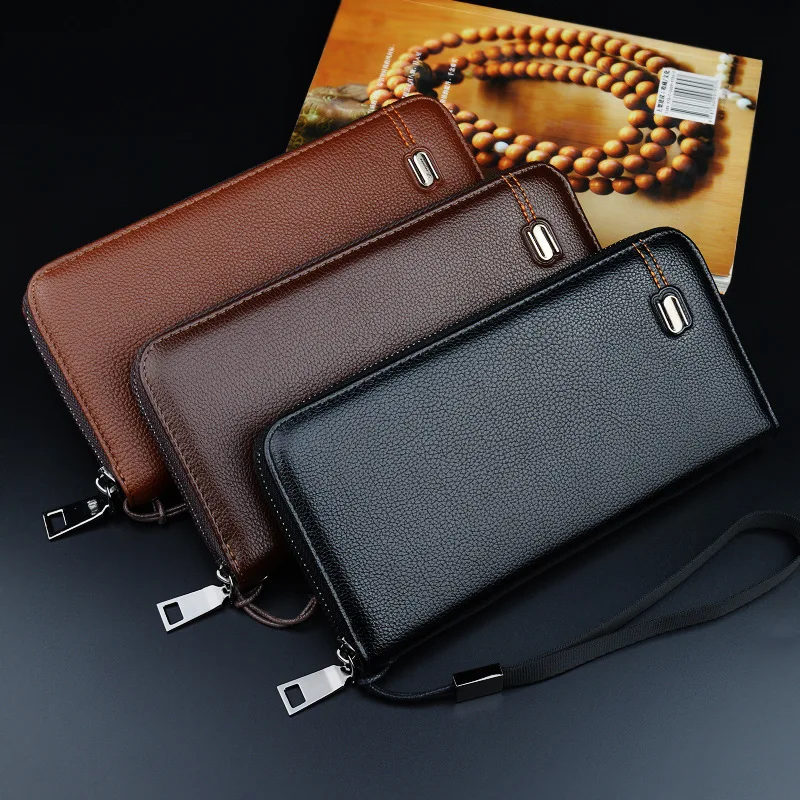 

Men's Wallet Solid Color Long Zipper Clutch Bag New Style Male Large-capacity Lychee Pattern Soft Coin Purses Mobile Phone Bag