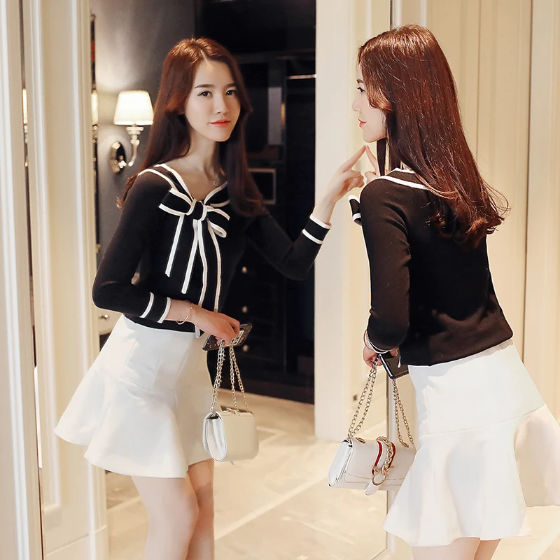 

Women Knitted Shirts Bow Blouse Spring Bottoming Shirt Elegant Fashion Black Long Sleeve Blouses Blusas Mujer Ladies Tops 8024
