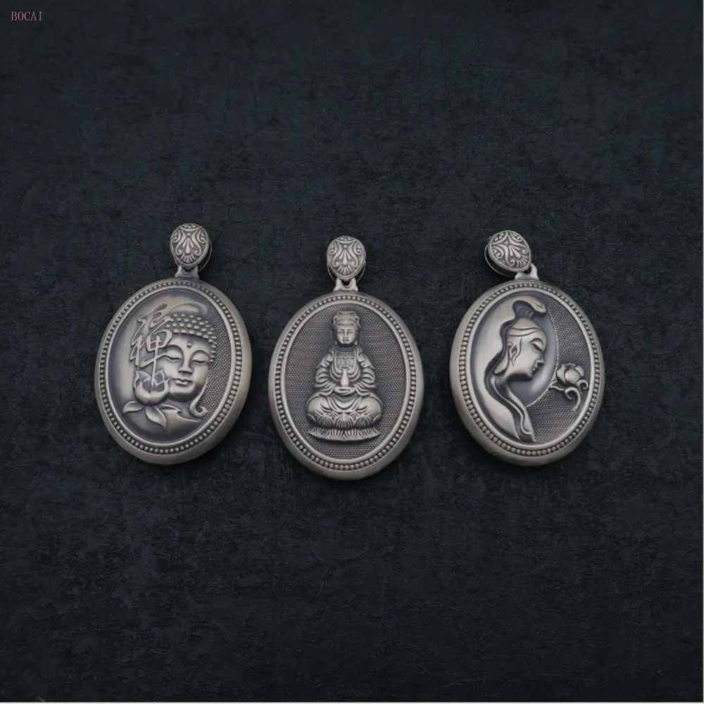 

BOCAI S999 Sterling Silver Avalokitesvara Pendant Classic Antique Personality Heart Sutra Thai Silver Pendants For Women And Men