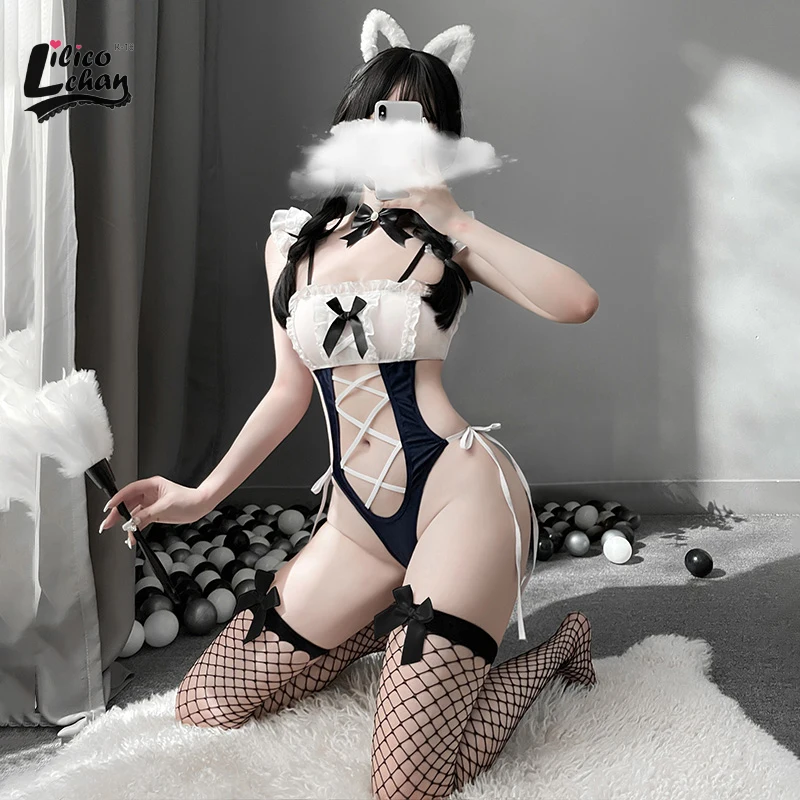 

Kawaii Hollow Out Women Sexy Maid Cosplay Outfit Sleeveless Halter Cat Costumes Backless Bow Lace Up Tempatation Lovely Bodysuit