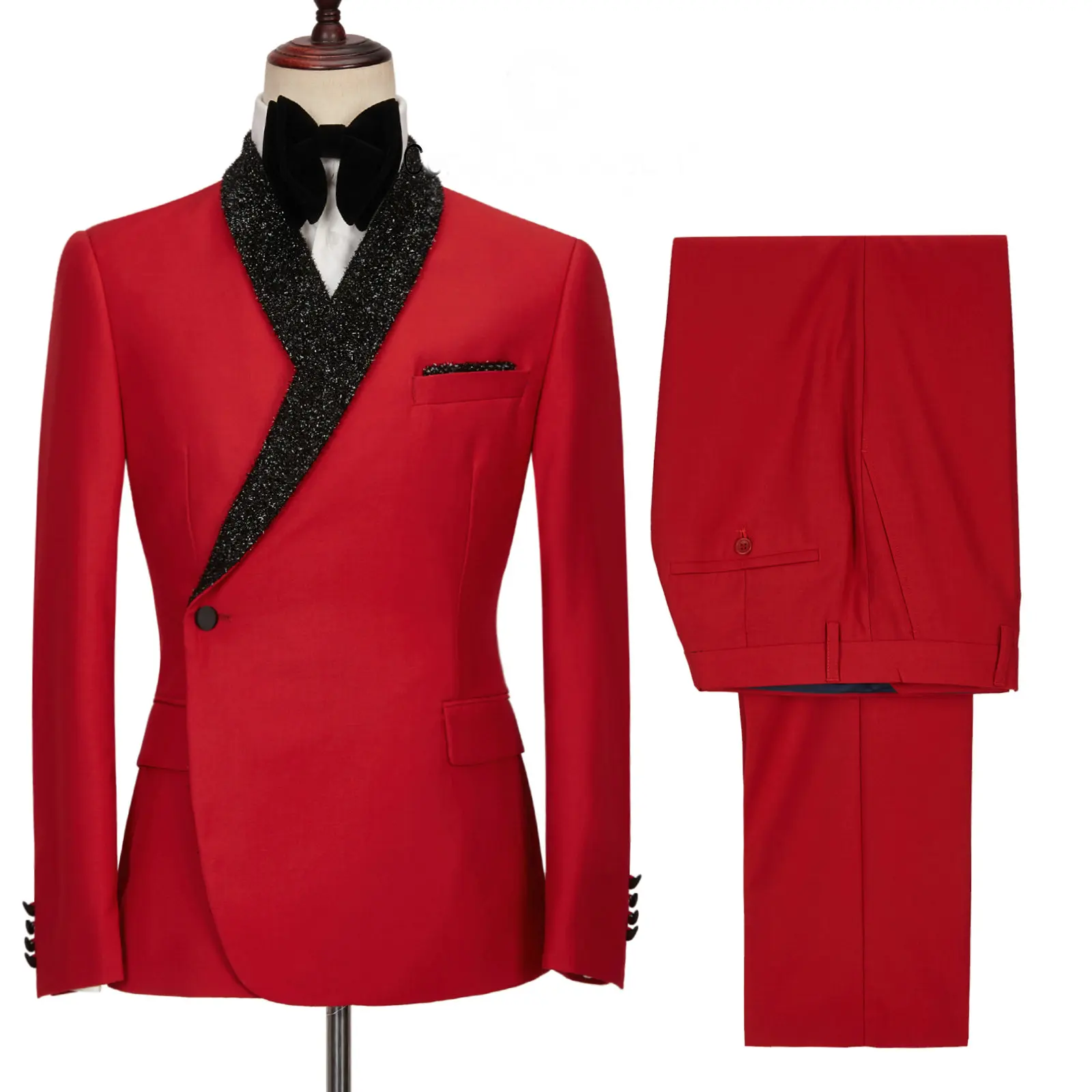 

2021 Fashion Design Red Double Breasted Mens Suit With Pants Shiny Lapel Gentleman Formal Party Suits For Wedding Groom Tuxedos