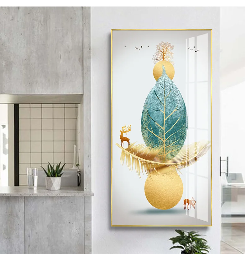 

Golden tree Deer green leaf feather Modern Abstract porch Living Room Pictures Elk flying swallow and deer art mural Paintings