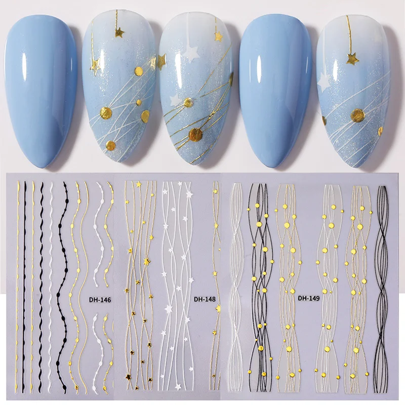 

1 Pcs 3D Nail Stickers Gold Black Linear Nail Sticker Transfer Various 3D Adhesive Nail Art Decoration Design