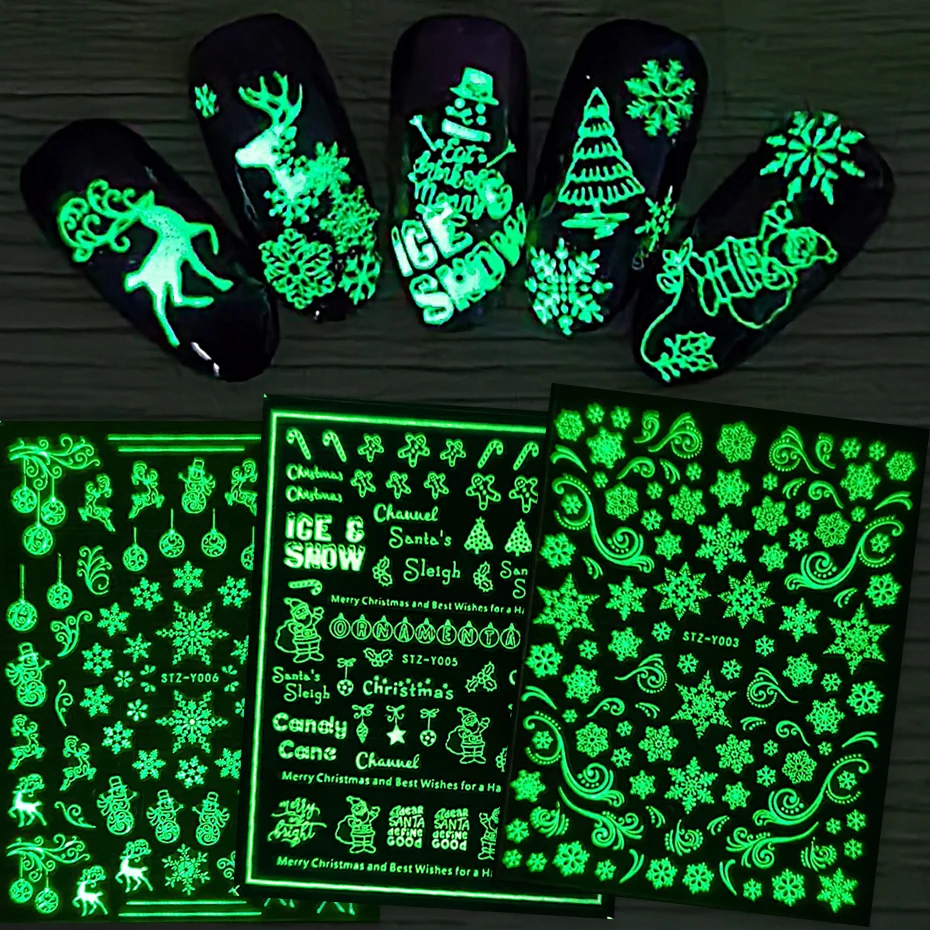 

1pcs 3D Luminous Nail Stickers Christmas Snowman Santa elk Glow In The Dark Slider For Manicure Winter Decoration JISTZY001-009