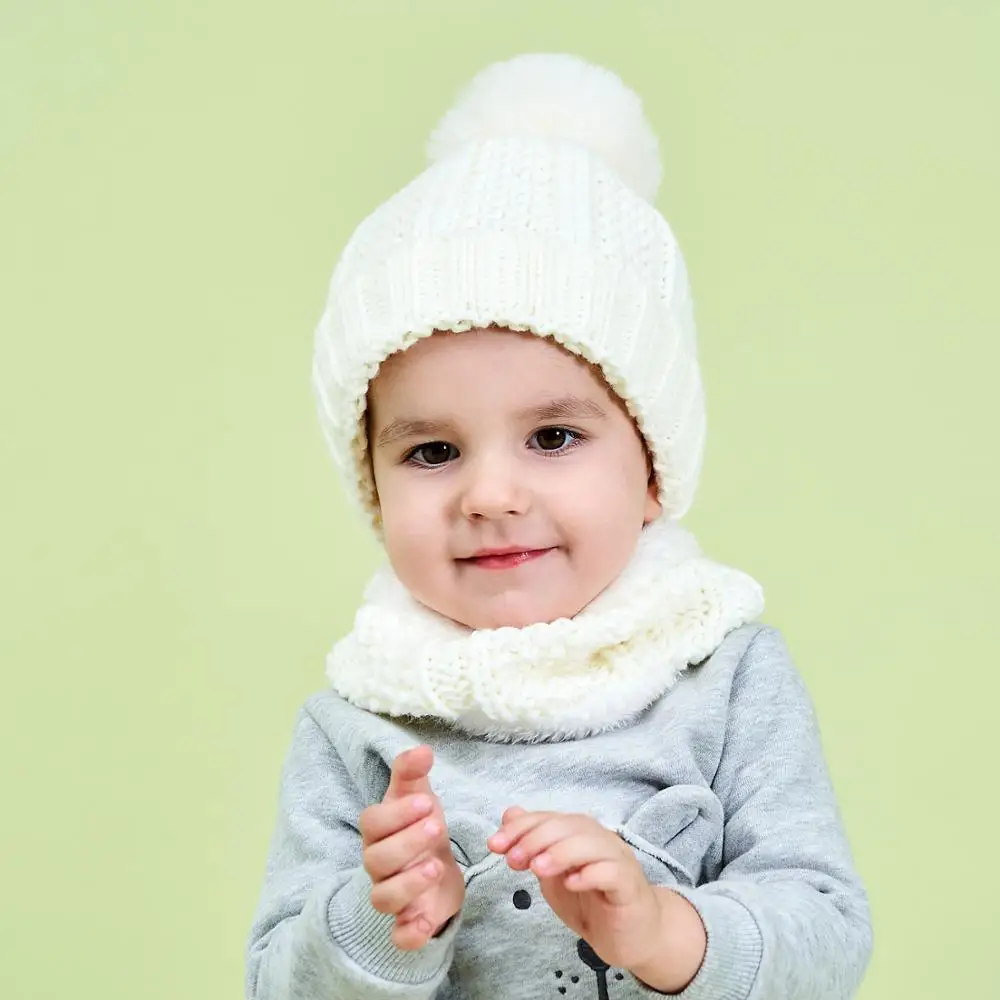 

XCQGH Autumn Winter Kids Baby Child Hats Plush Thickening Cute Warm Children's Knitted Hat Scarf Set