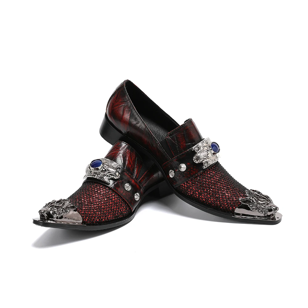 

Christia Bella New Wine Red Men's Fashion Wedding Banquet Party Leather Shoes Male Large Size Metal Pointed Toe Prom Dress Shoes