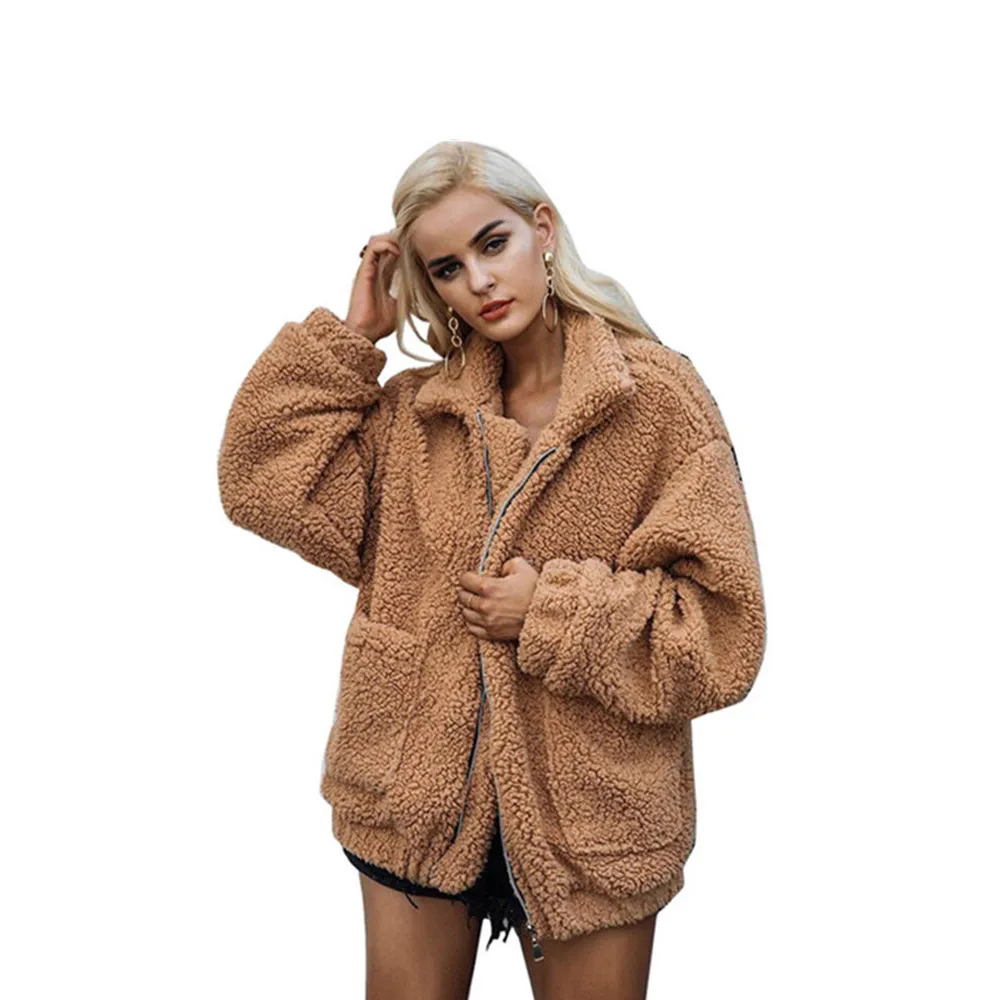 

Autumn Winter Faux Fur Coat Women 2021 Casual Warm Soft Zipper Fur Jacket Plush Overcoat Pocket Plus Size Fashion Teddy Coat