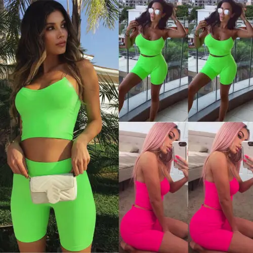 2 шт Женские однотонные обтягивающие тонкие укороченные топы + шорты брюки