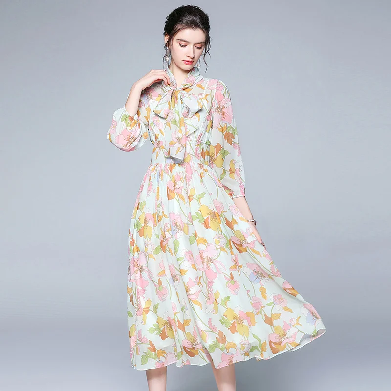 

Runway 2021 Summer Boho Chiffon Dress Women's Sweet Bow Collar Lantern Sleeve Rose Floral Print Beach Holiday Midi Dress