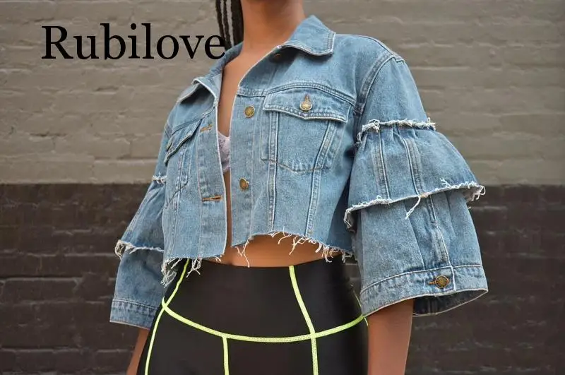 

Rubilove Sexy Denim Jackets Women Autumn Winter 2019 Streetwear Flare Sleeve Button Up Vintage Club Short Coat Vistidos Slim