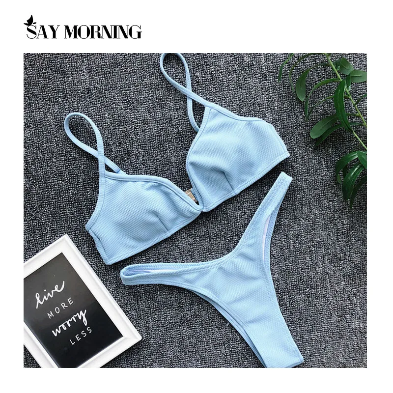 Комплект бикини с V-образным вырезом и открытой спиной однотонный лето 2021 |