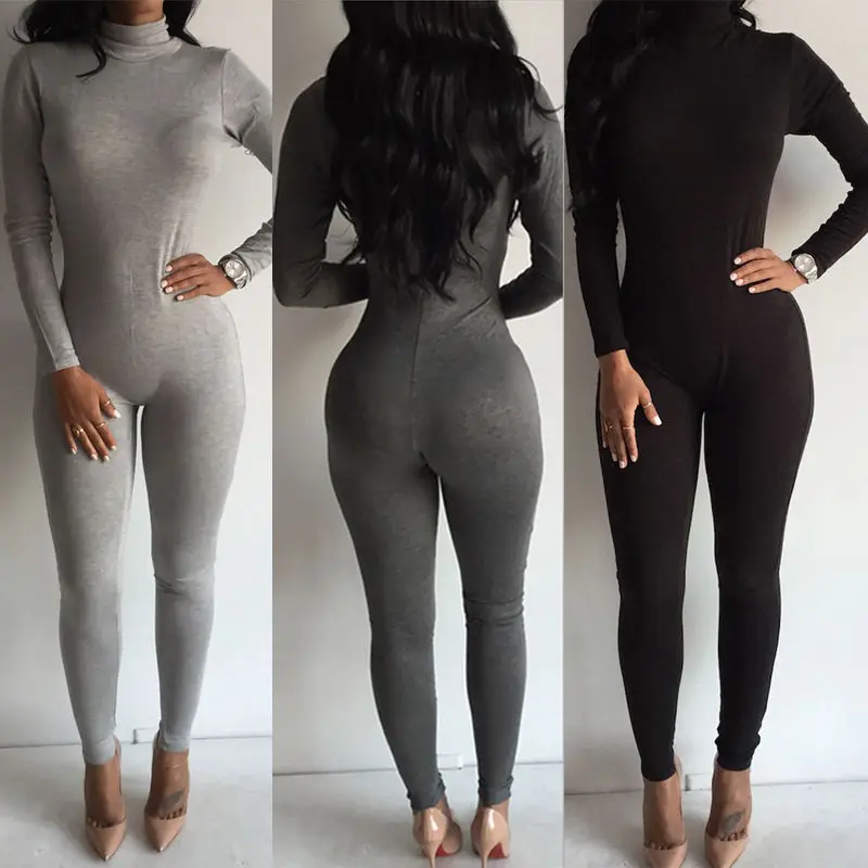 

New Fashion Women Casual Long Sleeve Turtleneck Bodycon Slim Romper Jumpsuit Bodysuit Stylish Skinny Womens Long Jumpsuits