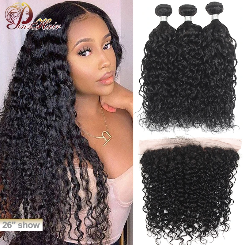 Pinshair Water Wave Bundles with Frontal Peruvian Human Hair Closure Natural Black Lace 3 Remy | Шиньоны и парики