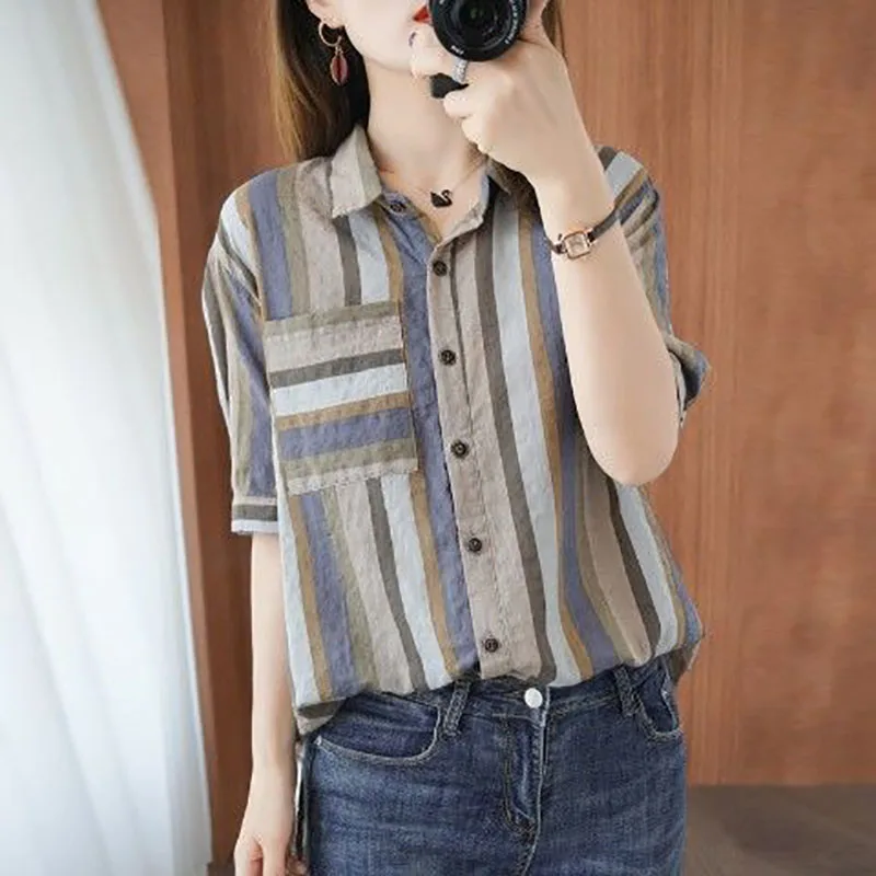 

Women Spring Summer Style Blouses Shirts Lady Casual Short Sleeve Turn-down Collar Striped Printed Loose Blusas Tops