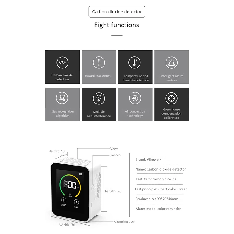 

CO2 Detector Gas Concentration Content TFT Smart Air Tester with Temperature Humidity Air Quality Analyzer