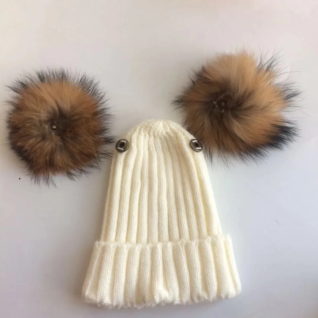 children's winter toddler baby kids natural real fur hat cap beanie with 2 two double pompom ears funny for boys and girls | Детская