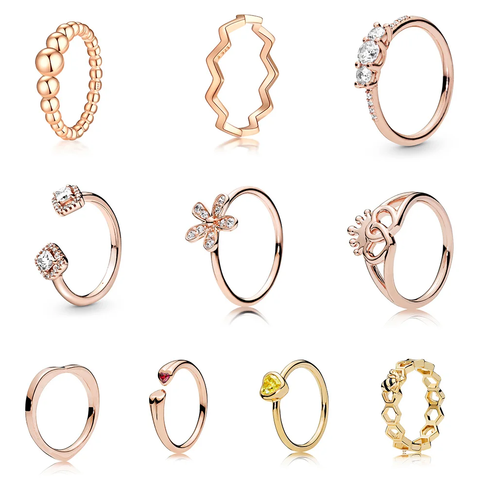 

Women 925 Sterling Silver Ring Charms Yellow Red Color Heart Ring Princess's Crown Ring For Women Wedding Party Jewelry