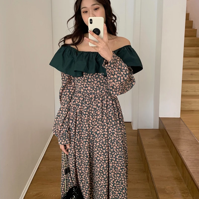 

Traf design sense splicing square collar long sleeve floral dress 2022 spring and autumn new temperament gentle long skirt