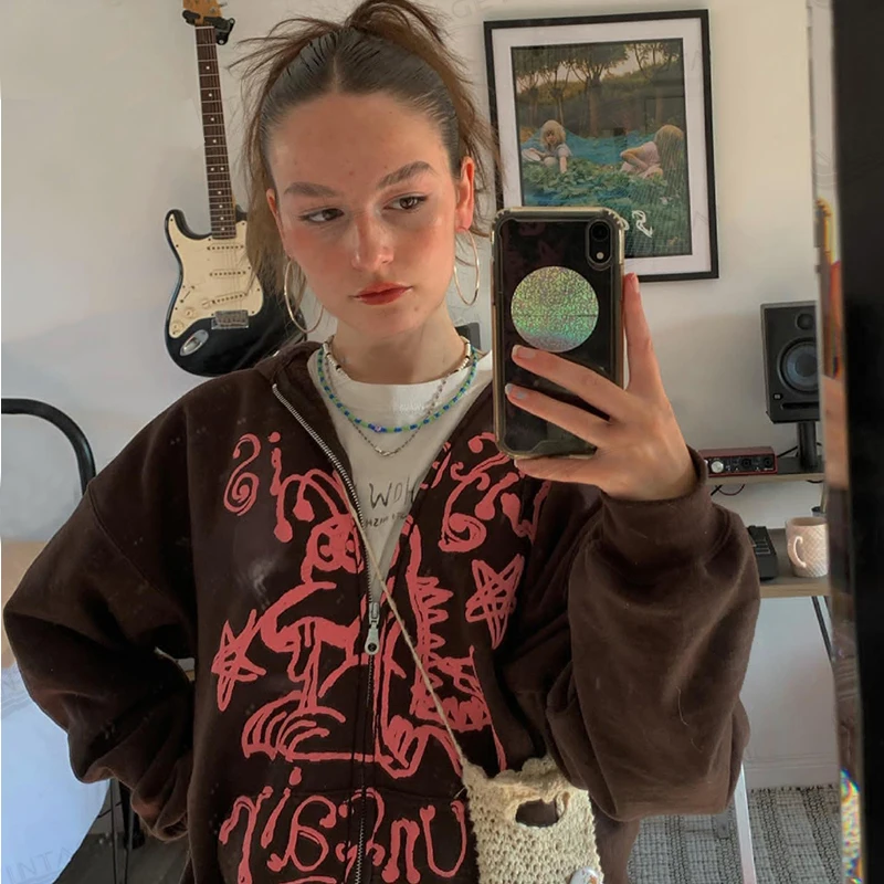 

Y2K Vintage Female Sweatshirt Oversized Hoodies Women Autumn Long Sleeve Zip Up Coat Top E-girl Harajuku Grunge Gothic Clothes