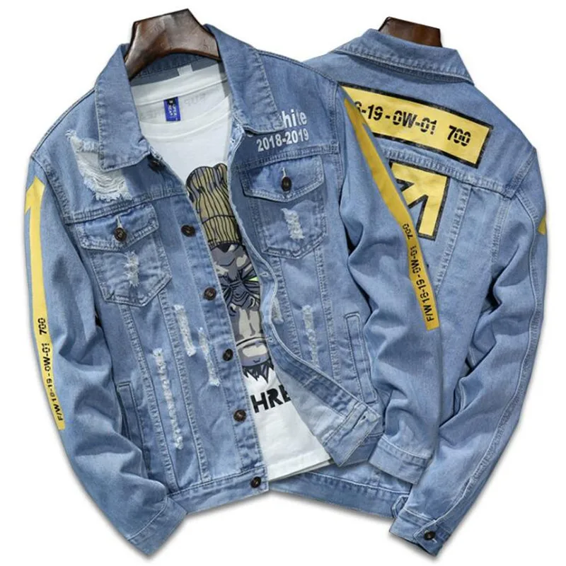 

High quality Bomber Denim Jacket Men'S Ripped Holes Lt Blue Jean Jackets New 2020 Autumn/Spring Garment Washed Mens Denim Coat