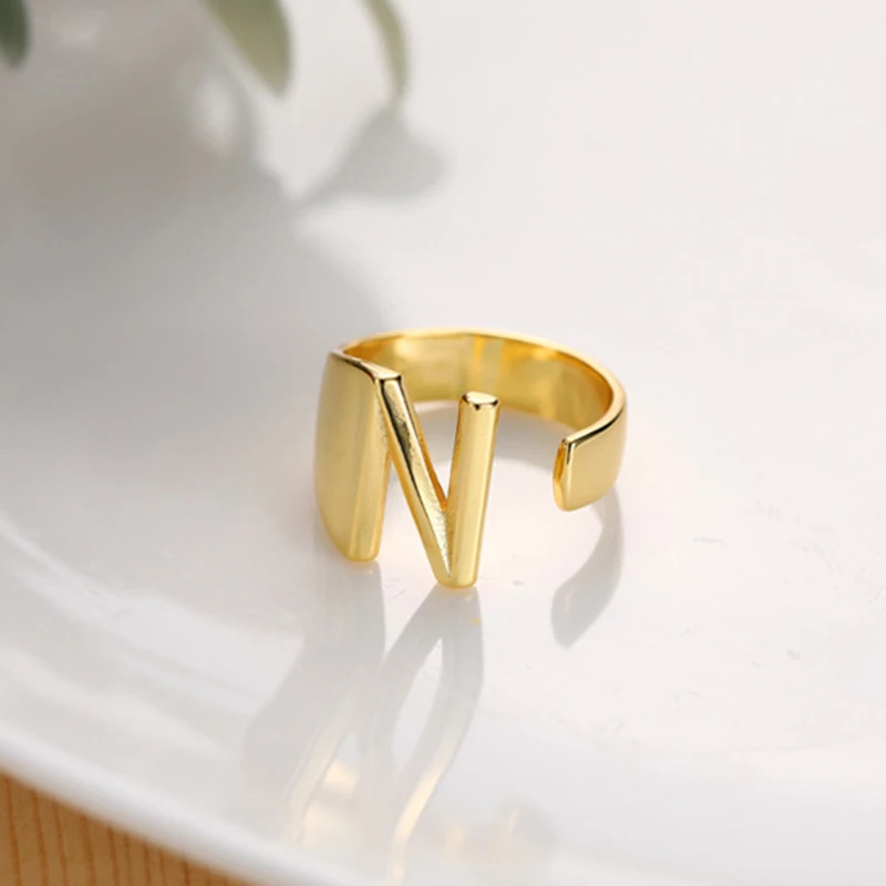 

Chunky Wide Hollow A-Z Letter Gold Metal Adjustable Opening Ring Initials Name Alphabet Female Party Fashion Jewelry Finger Ring