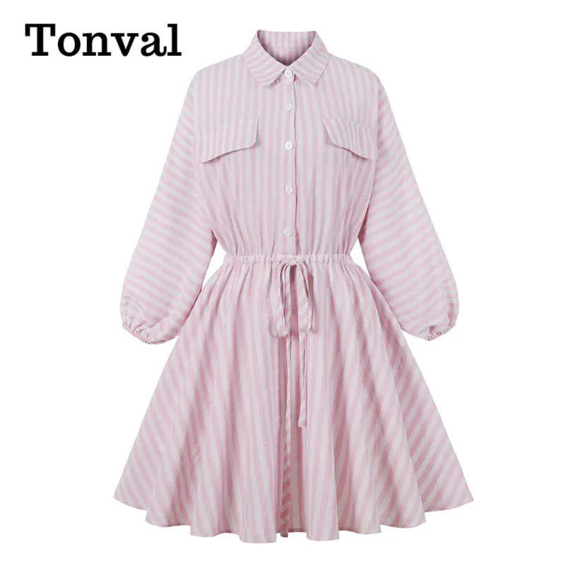 

Tonval Turn Down Collar Lantern Sleeve Casual Striped Shirt Dresses for Women 2021 Autumn Clothes Drawstring Waist A Line Dress
