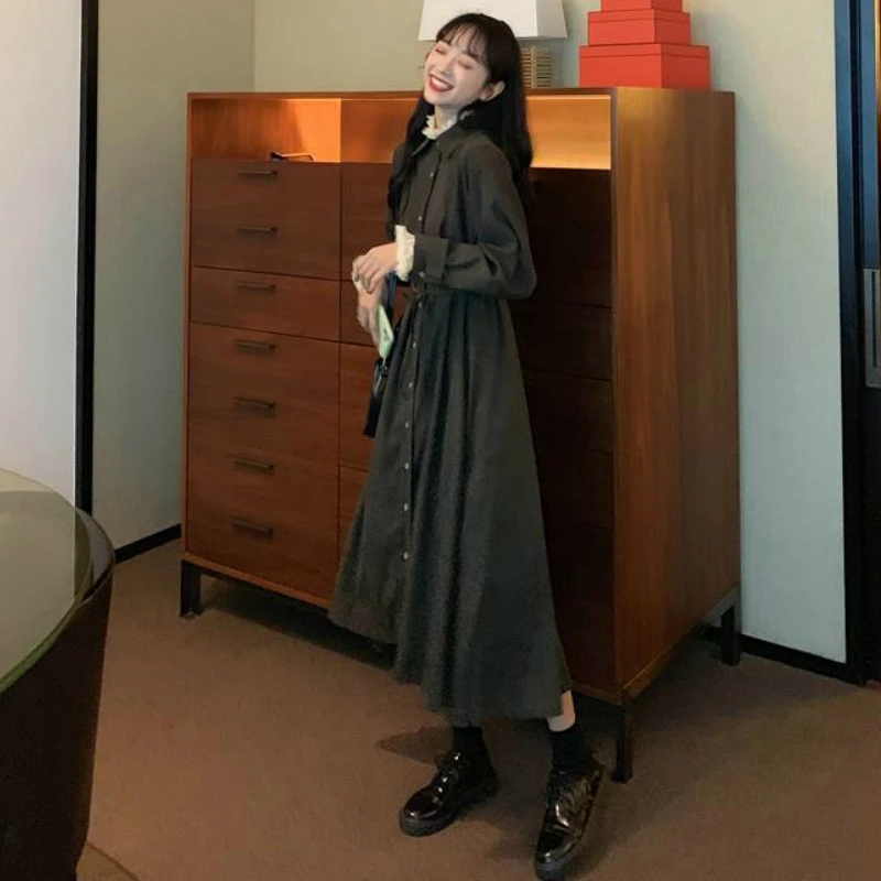 

Long Sleeve Plus Size 2XL Dress Women Preppy Style Solid Simple Ulzzang Stylish All-match Sweet Vintage Pleated Slim Elegant New