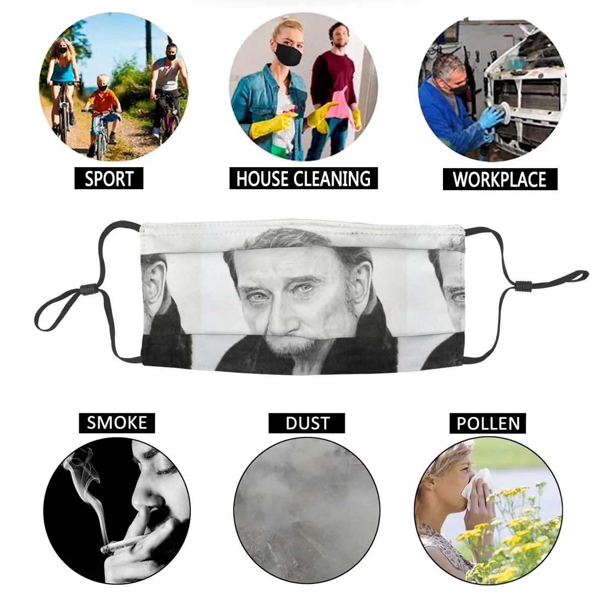 

Johnny Hallyday Unisex Reusable Mouth Face Mask French Rock Singer Anti Haze Anti Dust Protection Cover Respirator