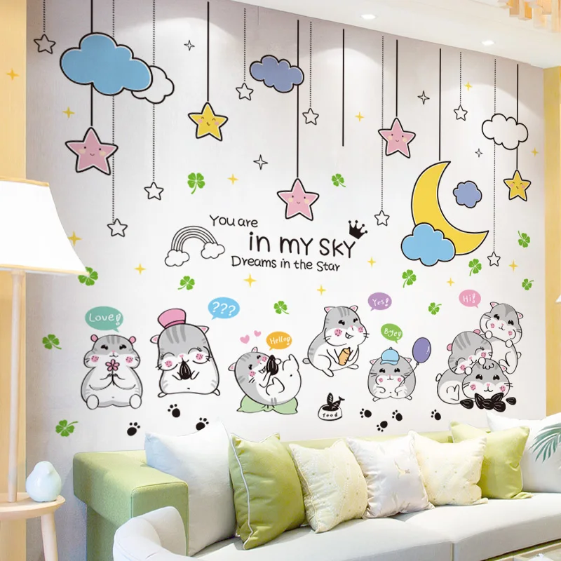 

[SHIJUEHEZI] Hamsters Animals Wall Stickers Vinyl DIY Stars Moon Mural Decals for Baby Bedroom Kids Rooms Nursery Decoration