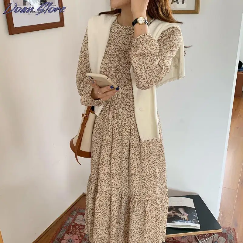

2021 Spring Summer Women Dresses Floral Print Round Neck Long Sleeve Slim Waist Ruffle Hem Loose Dress French Elegant Robe