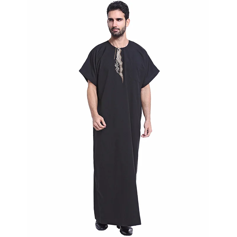 Fashion Muslim Saudi Arabia Embroidery Short Sleeve Men's Robe Large Size Islamic Clothing Ramadan Mosque Prayer Long Skirt