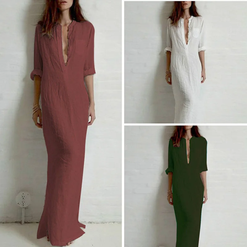 

Платье женское однотонное длинное на пуговицах, с длинным рукавом