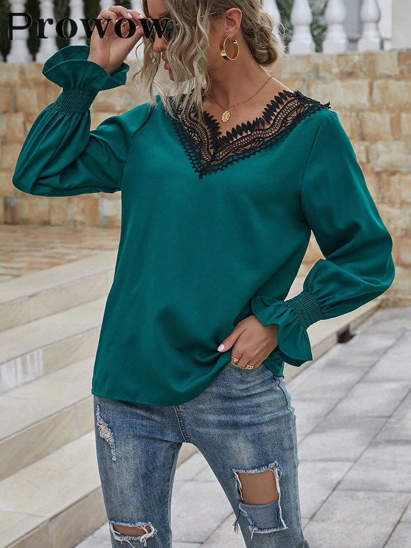 

Prowow Spring Autumn Women Fashion Sexy Lace Solid T Shirt Female Casual Streetwear Green Petal Sleeve V Neck Pullover Tops