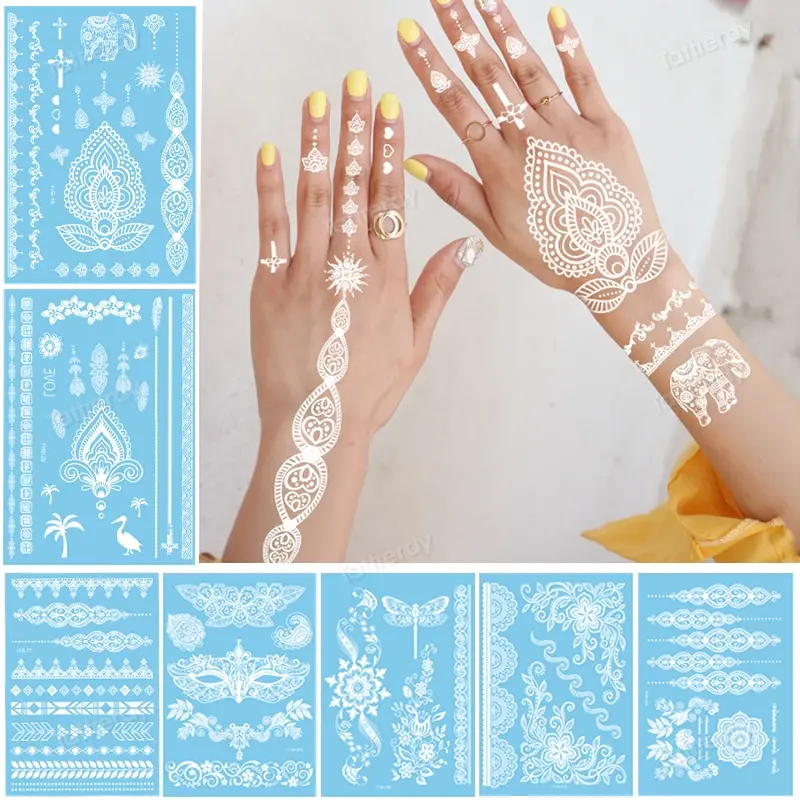 

Sexy Mandala Henna Tattoo White Lace Jewelry Indian Hand Temporary Tattoo Sticker Body Art Waterproof Tatoo For Bride Wedding