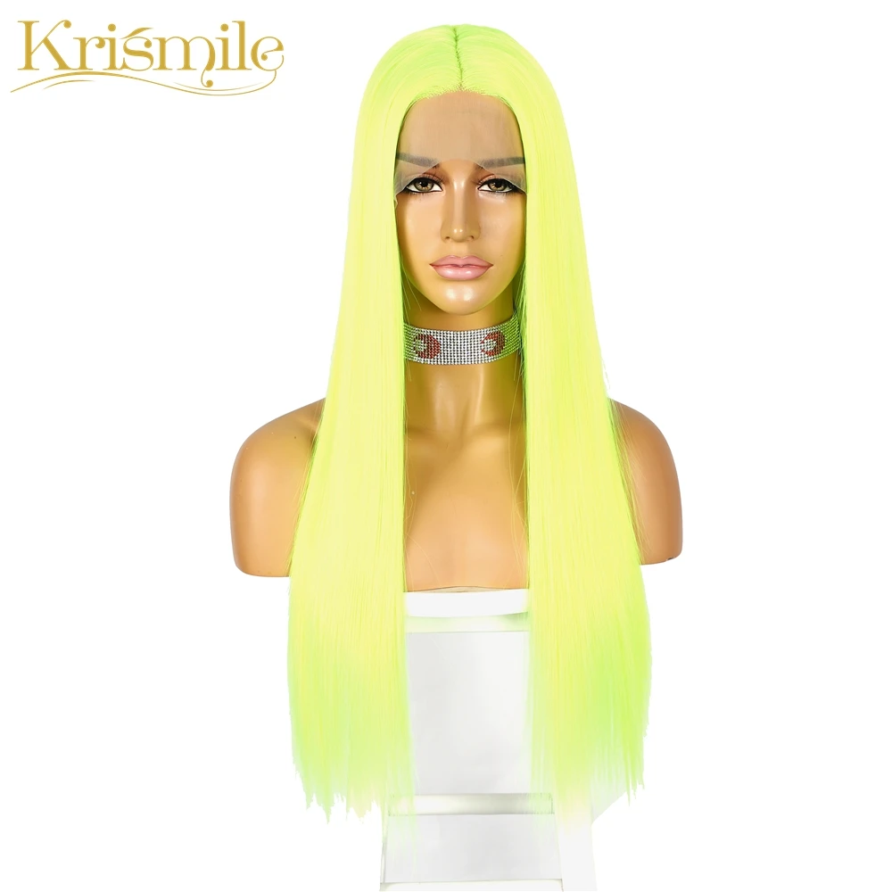 Длинный прямой синтетический кружевной парик неоново-желтый цвет T Средний