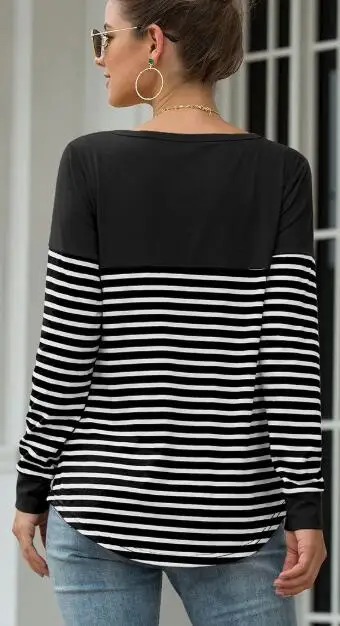 

Women's T-shirt 2022 New Fashion Autumn V-neck Slim Striped Stitching Button T-shirt Top