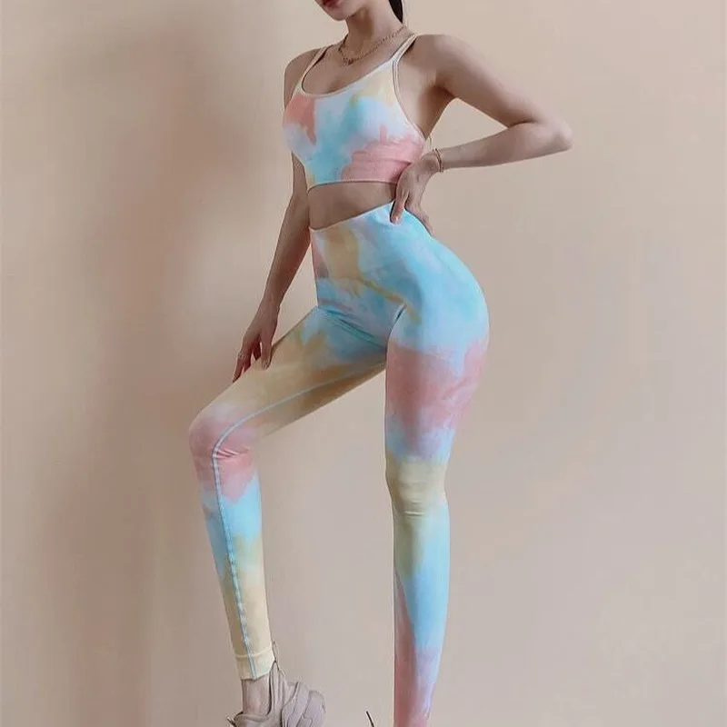 

Yoga Women's Sports Floral Sets Gym Top Bra Breathable High Waist Stretch Leggings Suit Push Ups Female Running Fitness Clothing