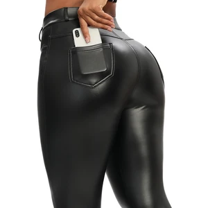 Women PU Leather Leggings Black Pockets Leather Pencil Pants Women High Waist Sexy Skinny Yoga Pant 
