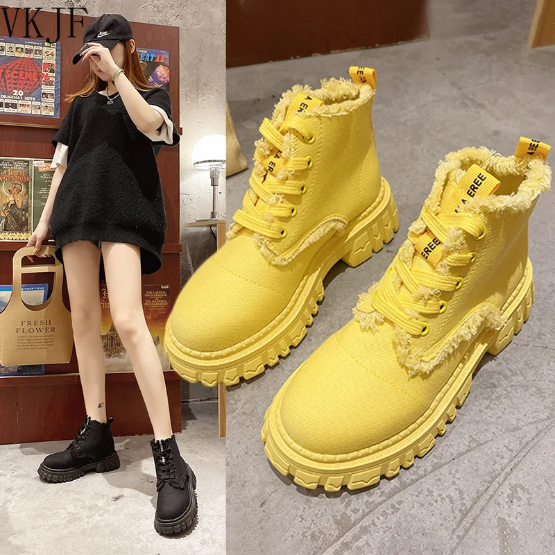 

2021 Winter New Lace-up Casual Chunky Platform Warm Women Shoes Snow Boots Designer Mid Heels Sport Running Ankle Canvas Mujer