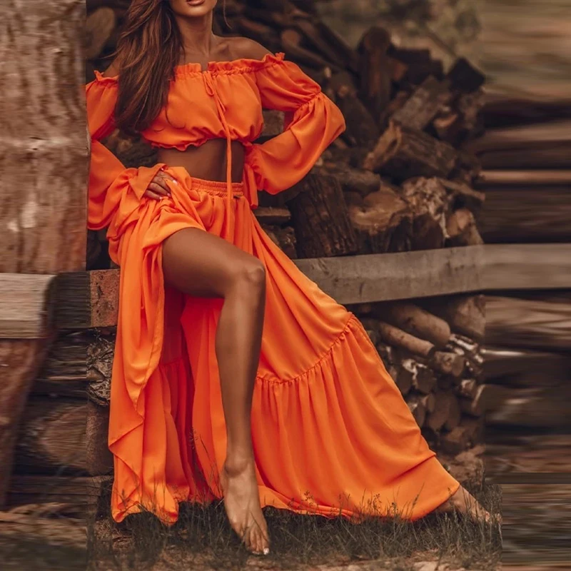 

Women Summer Sexy Two Piece Set Off Shoulder Ruffle Crop Tops Suits Fashion Gradient Long Skirt See-Through Long Sleeve Outfits