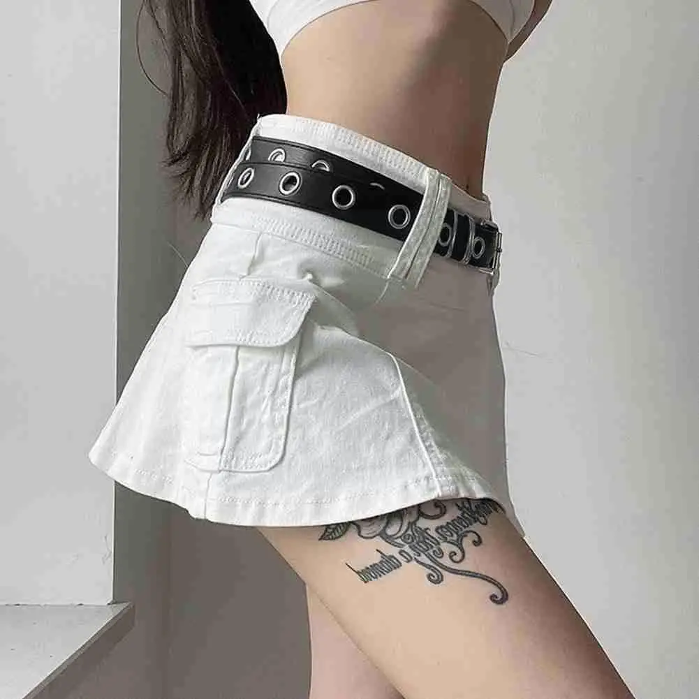 

Y2k Streetwear Pockets Patchwork A-line Denim Skirt Black Speaker Waist Low Micro Skirts B5z7