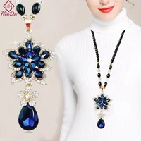crystal strand sweater chain 2019 long women graceful blue flower pendant necklace korean fashion joker autumn winter jewelry