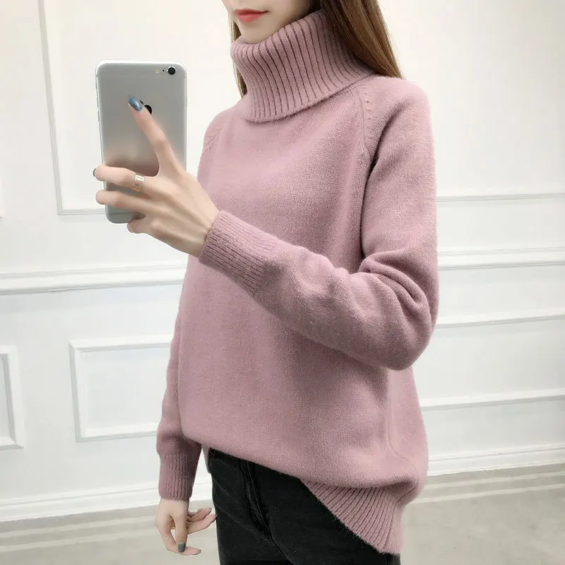 High collar sweater female 2019 winter new loose hooded solid color thick knit bottoming shirt | Женская одежда