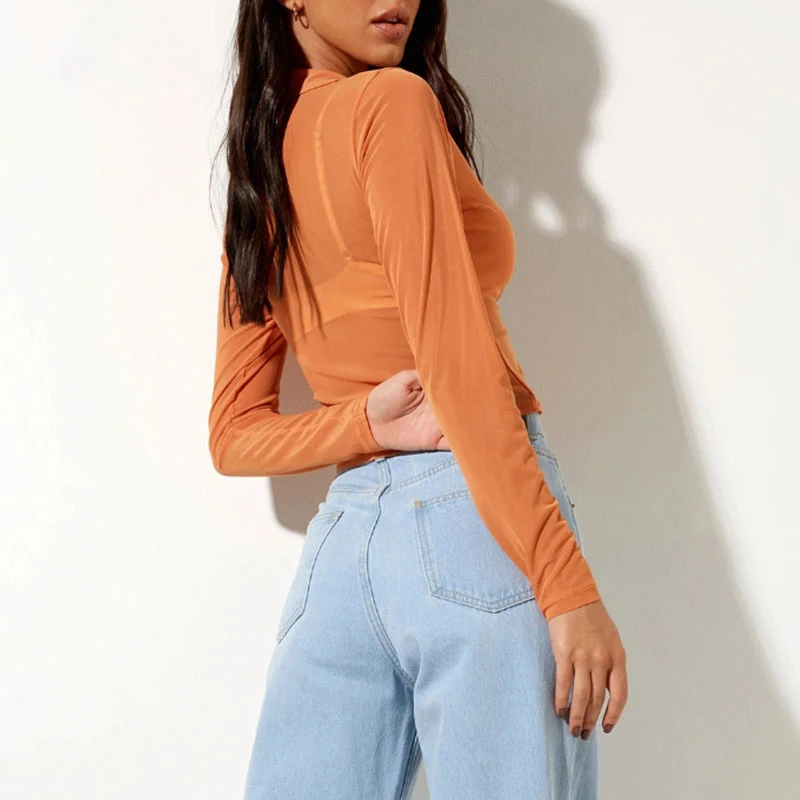 

Summer Sexy Transparent Crop Top For Women Girls Fashion Solid Color Long Sleeve Tops T Shirts Lightness Comfortable Tee