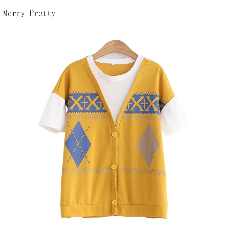 

Женская хлопковая футболка, Повседневная футболка из 2 предметов с рисунком ромбовидной тематики, с круглым вырезом и коротким рукавом, для ...